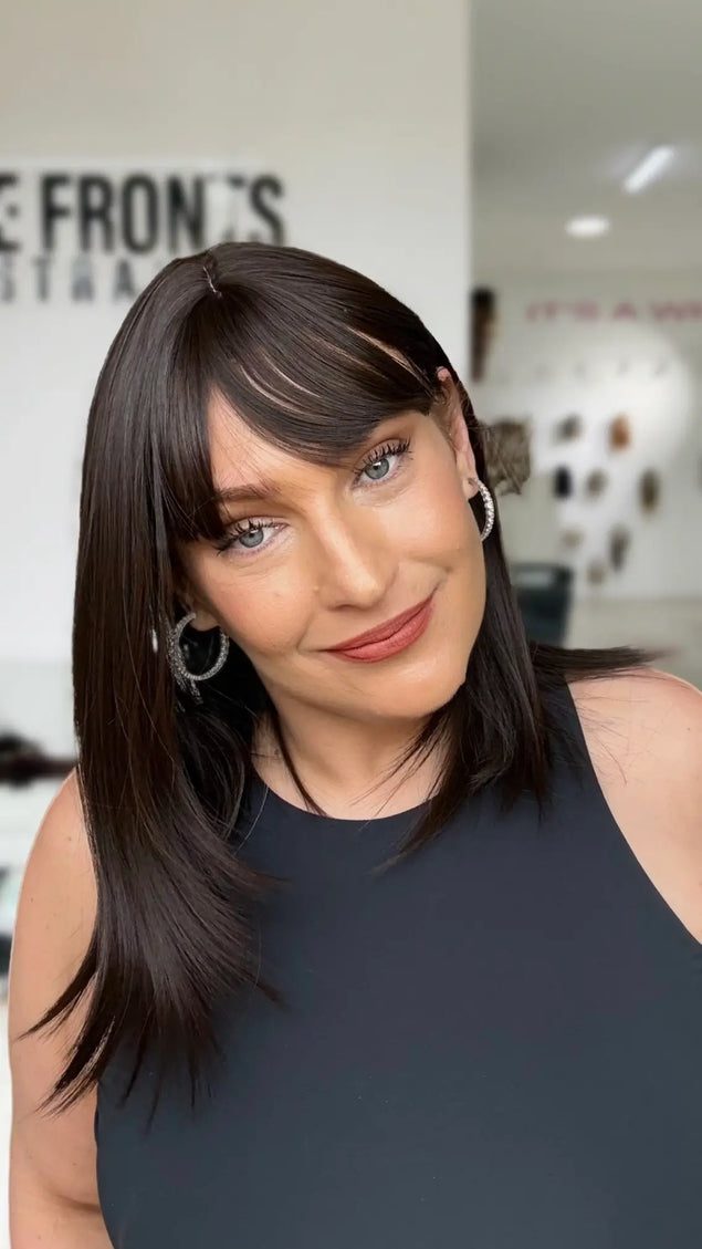 darkest brunette hair straight wig with middle part, long bob style with fringe.