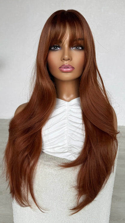 deep copper red fringe wig long layered hair