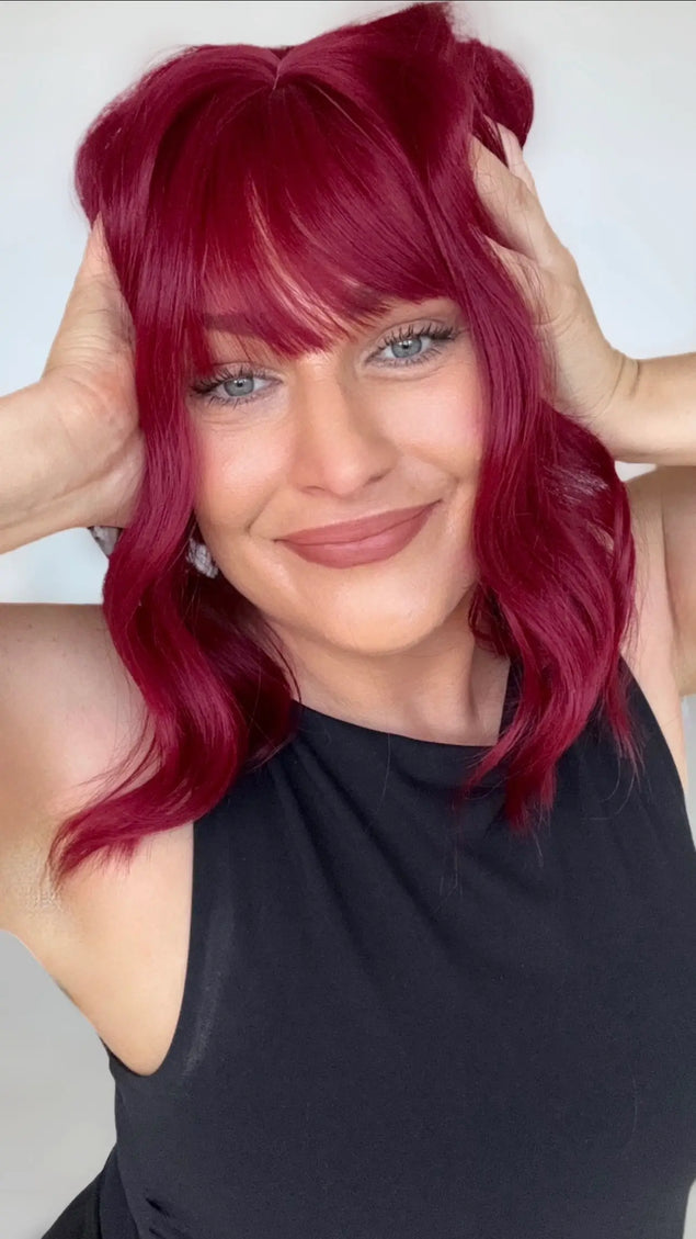 deep red hair wig with middle part and heat safe hair, long fringe with glueless cap.
