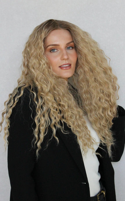 lacefront long blonde curly hair, synthetic wig australia, long hair with curls, blonde colour with root.