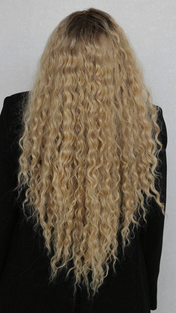 back view long lacefront wig, curly blonde hair with root.
