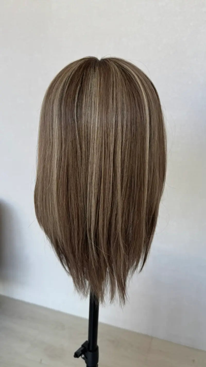 human hair topper on wig stand, 15 inch hair