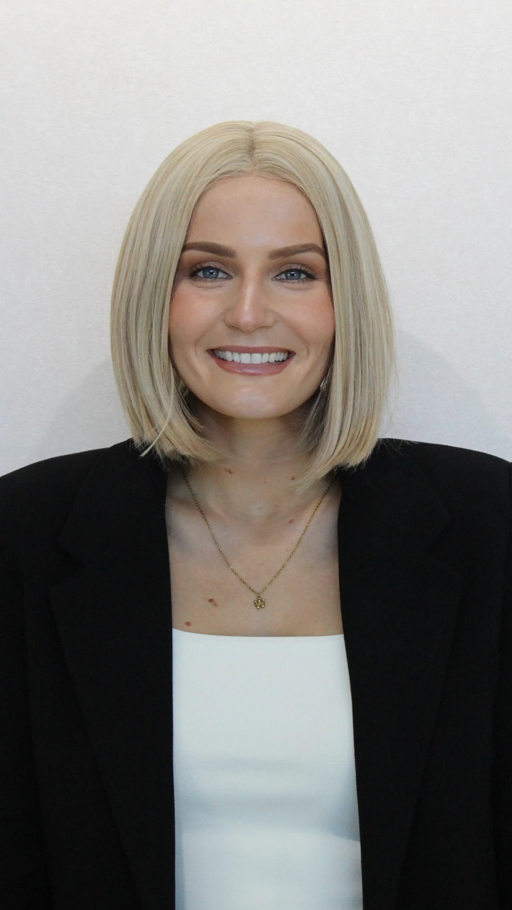 heat safe synthetic hair, 10-12 inch length, middle part, light blonde hair colour.