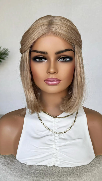 12 inch blonde bob wig, lacefront wig australia. tied back.
