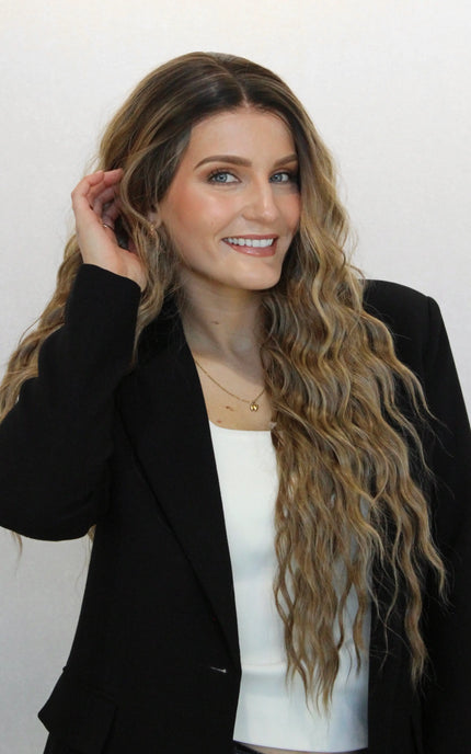 echo synthetic wig, lacefront wig with middle part, long curly hair, heat safe.