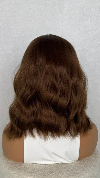 synthetic brown wig from the back, wavy 14 inches.