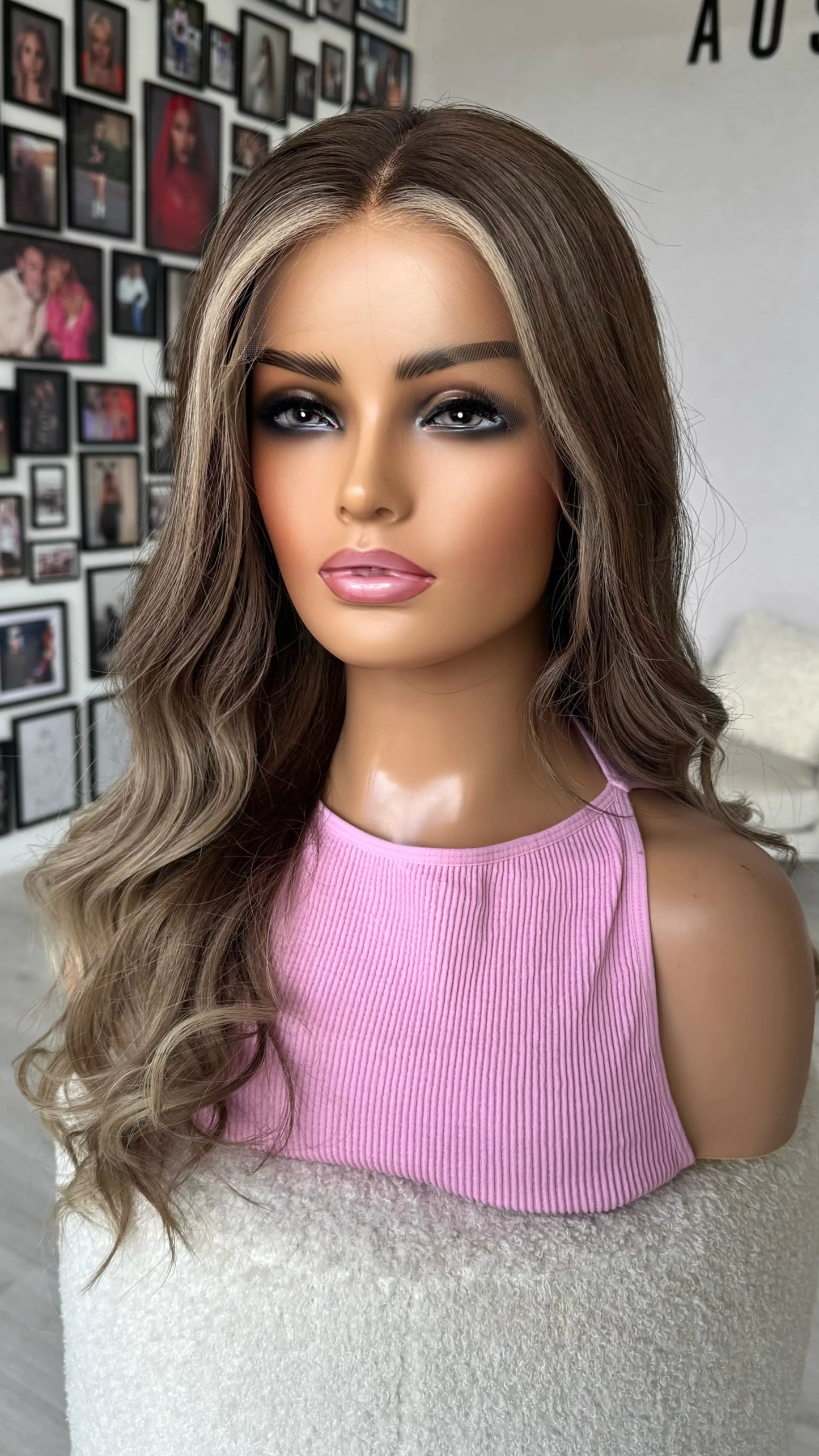 full face framing highlight- allure, half hair back 24 inch length curled hair wig.