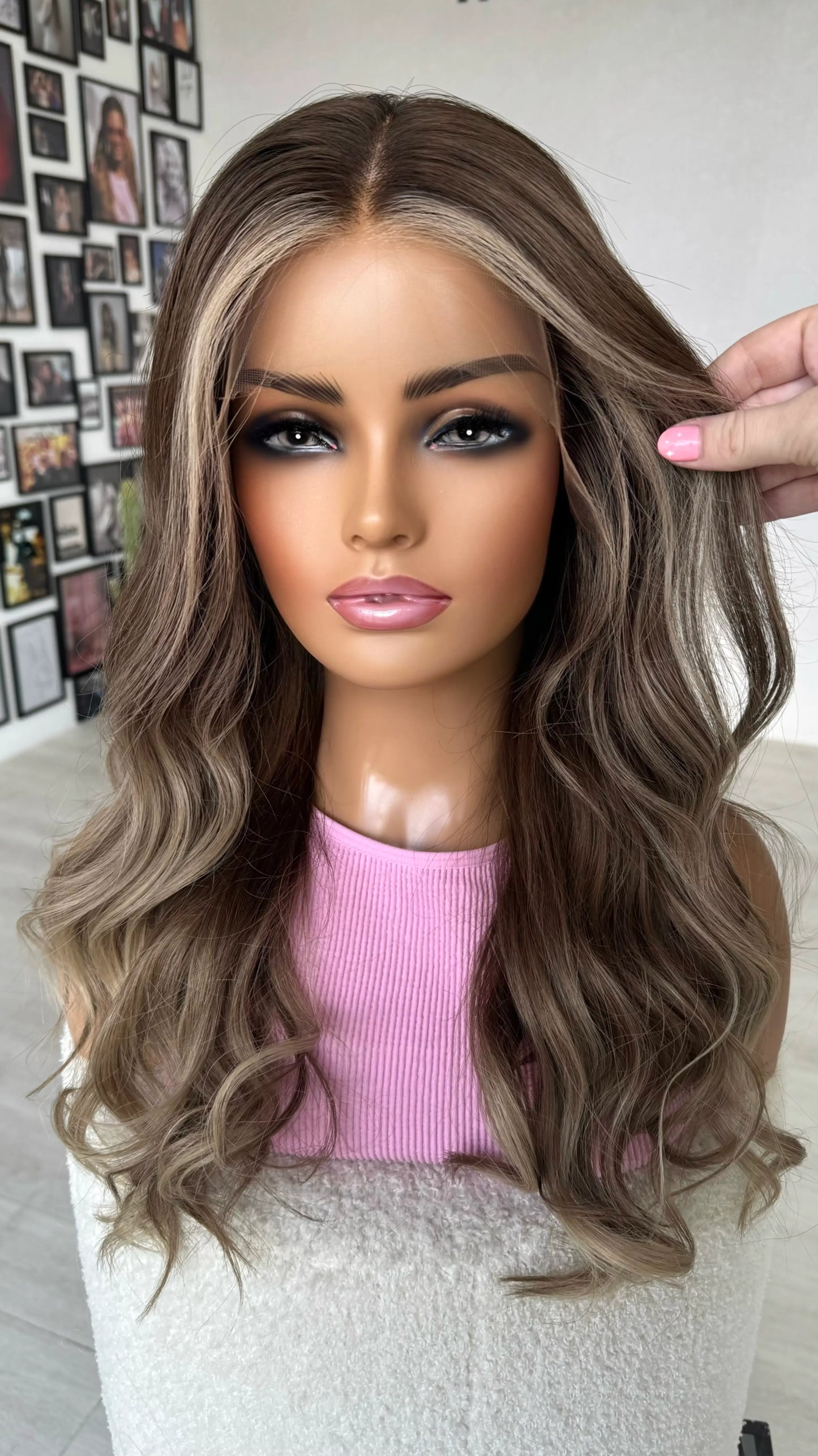 face framing highlights ash brunette lace front human hair wig, medical wig australia.
