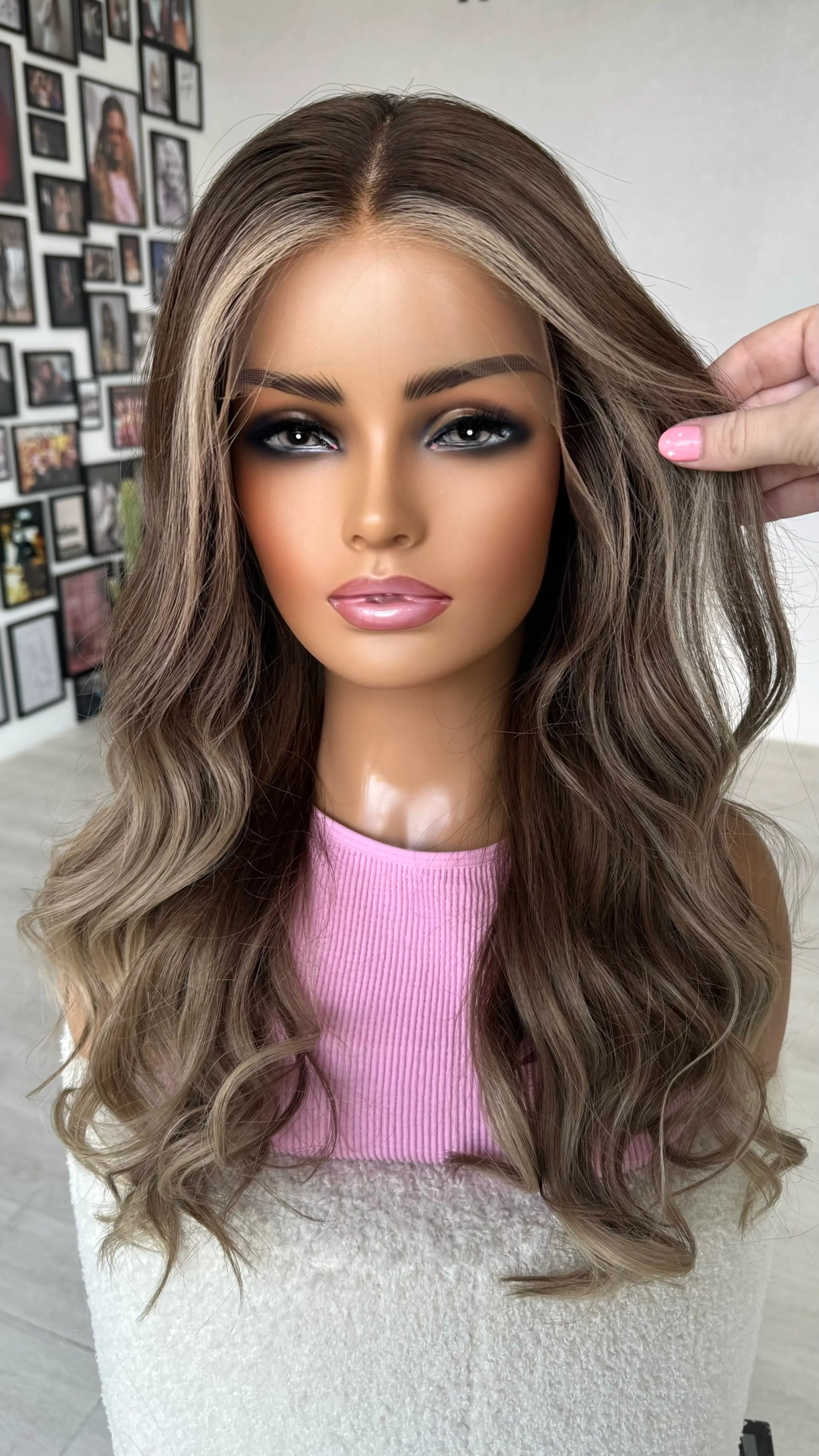 face framing highlights ash brunette lace front human hair wig, medical wig australia.