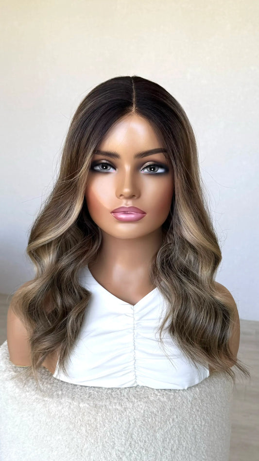 darker root to mushroom brown, middle part, wavy hair wig.