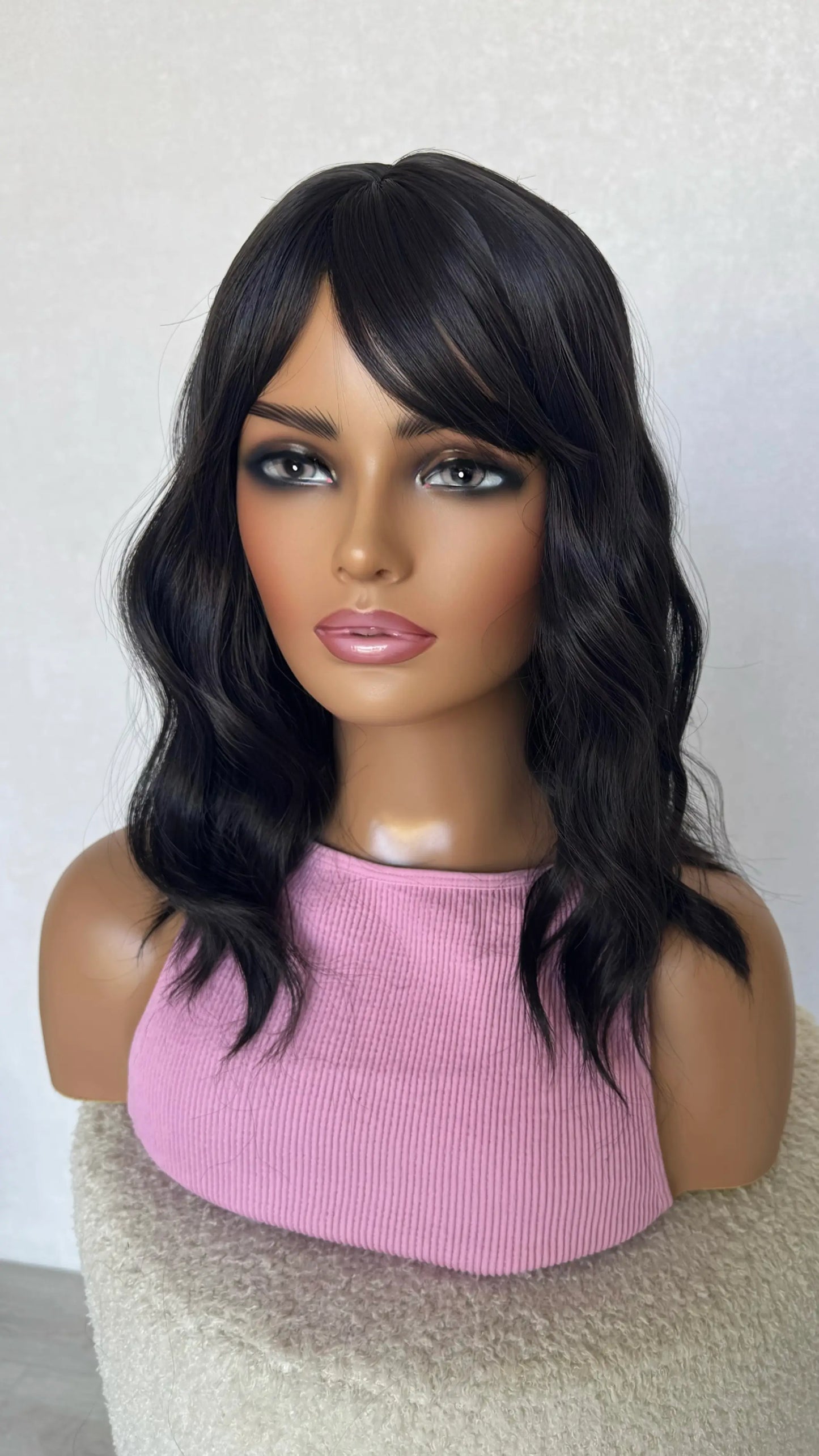 wavy black fringe synthetic wig australia, 16 inch length