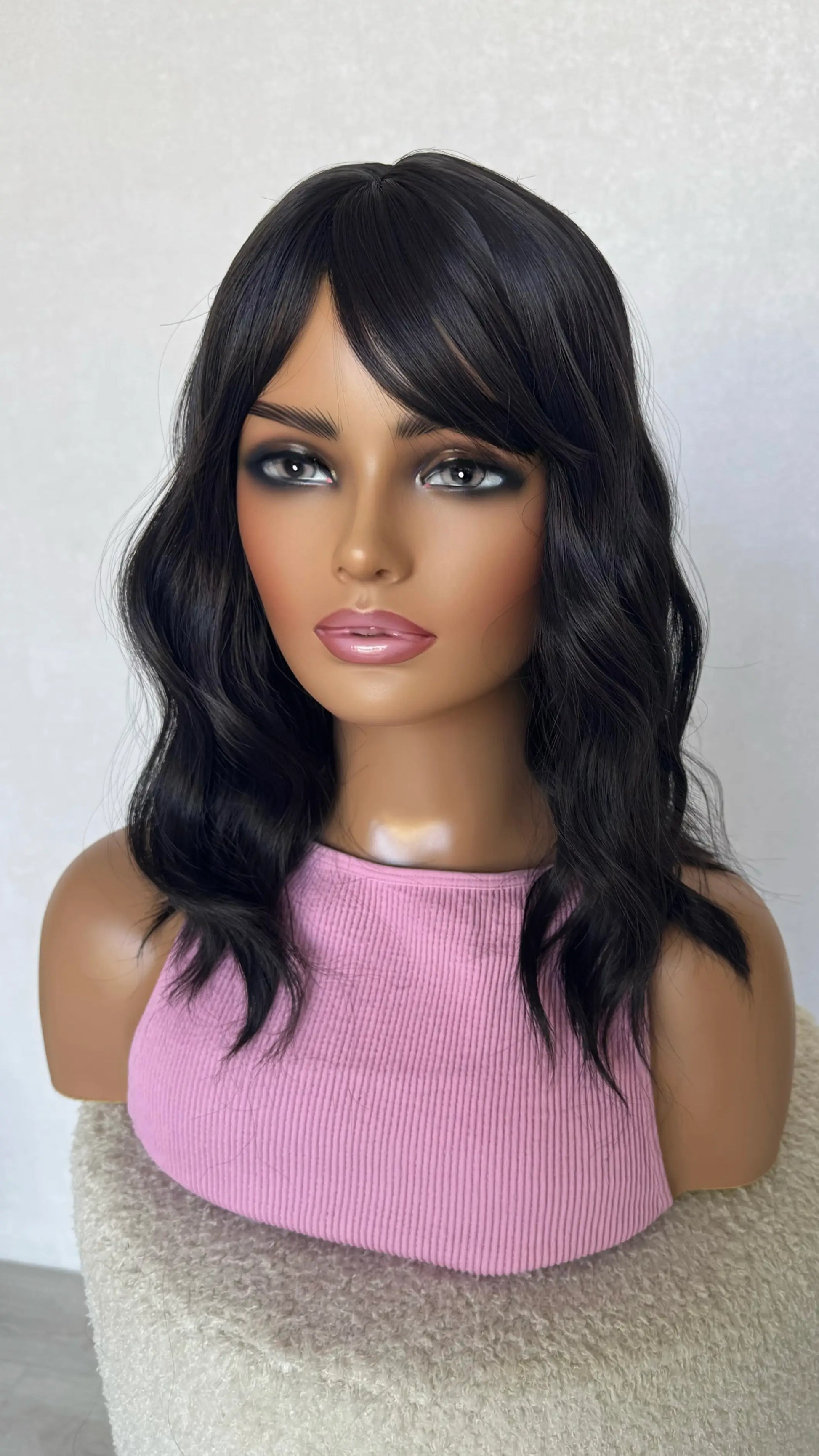 wavy black fringe synthetic wig australia, 16 inch length