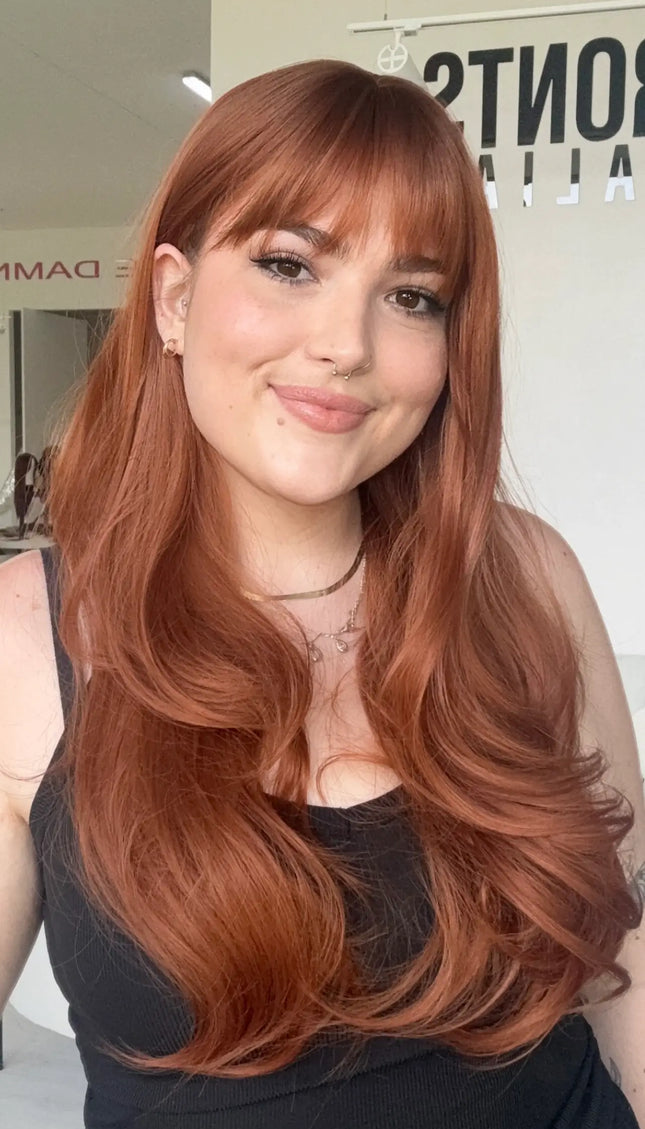 red copper fringe synthetic, long heat safe hair, glueless synthetic topper middle parting.