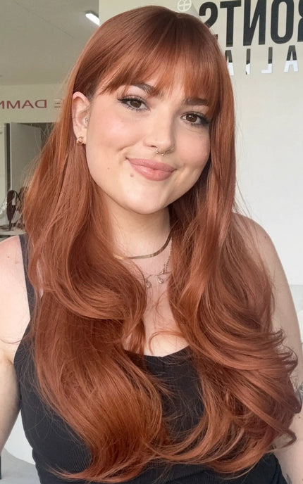 red copper fringe synthetic, long heat safe hair, glueless synthetic topper middle parting.