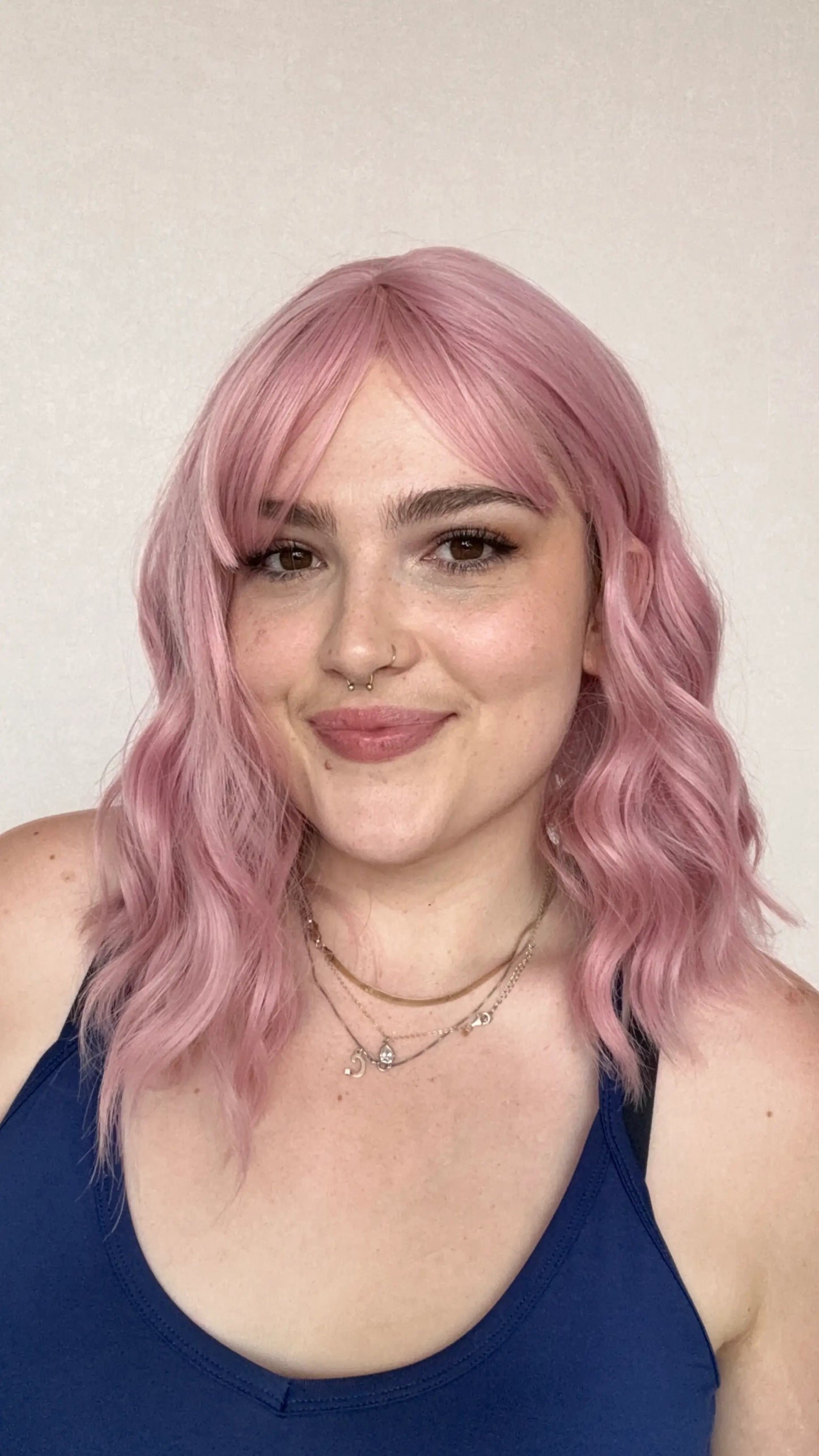 pink wavy hair synthetic wig, middle parting with fringe, glueless wig australia, gold coast.