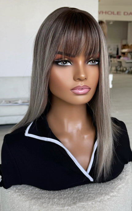 highlighted silver hair with dark root and fringe, easy to wear wigs australia.