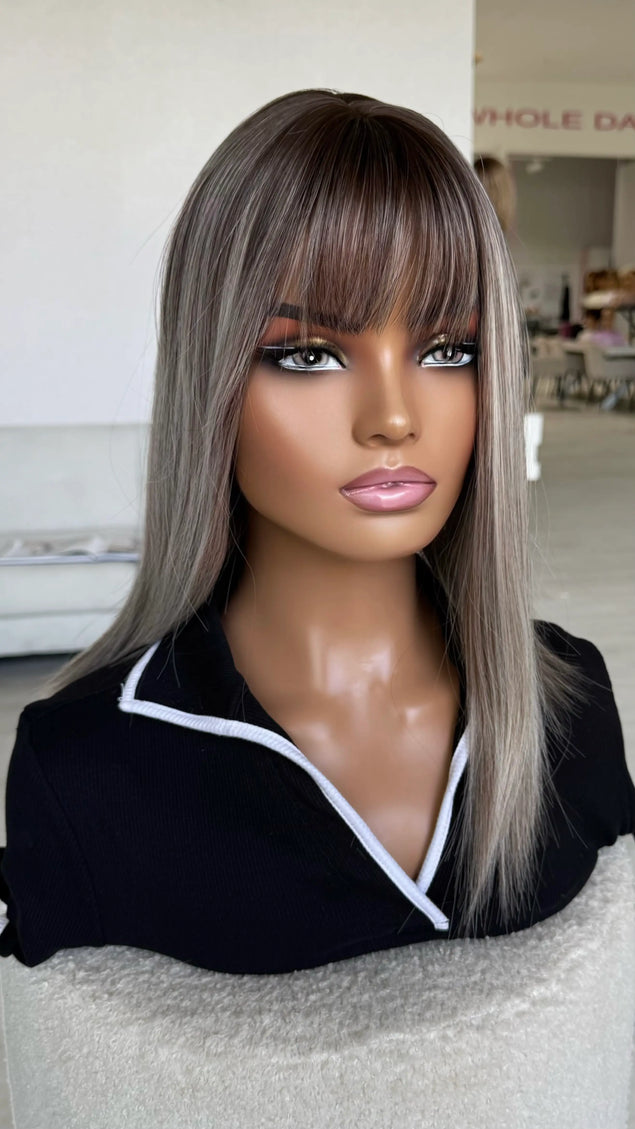 highlighted silver hair with dark root and fringe, easy to wear wigs australia.