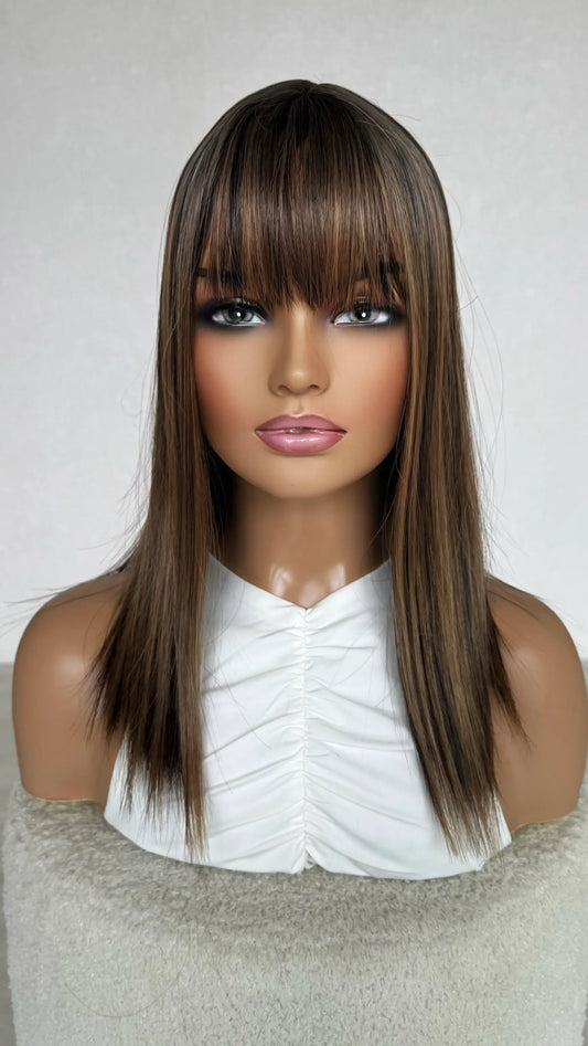 dark brunette with golden highlights fringe synthetic 