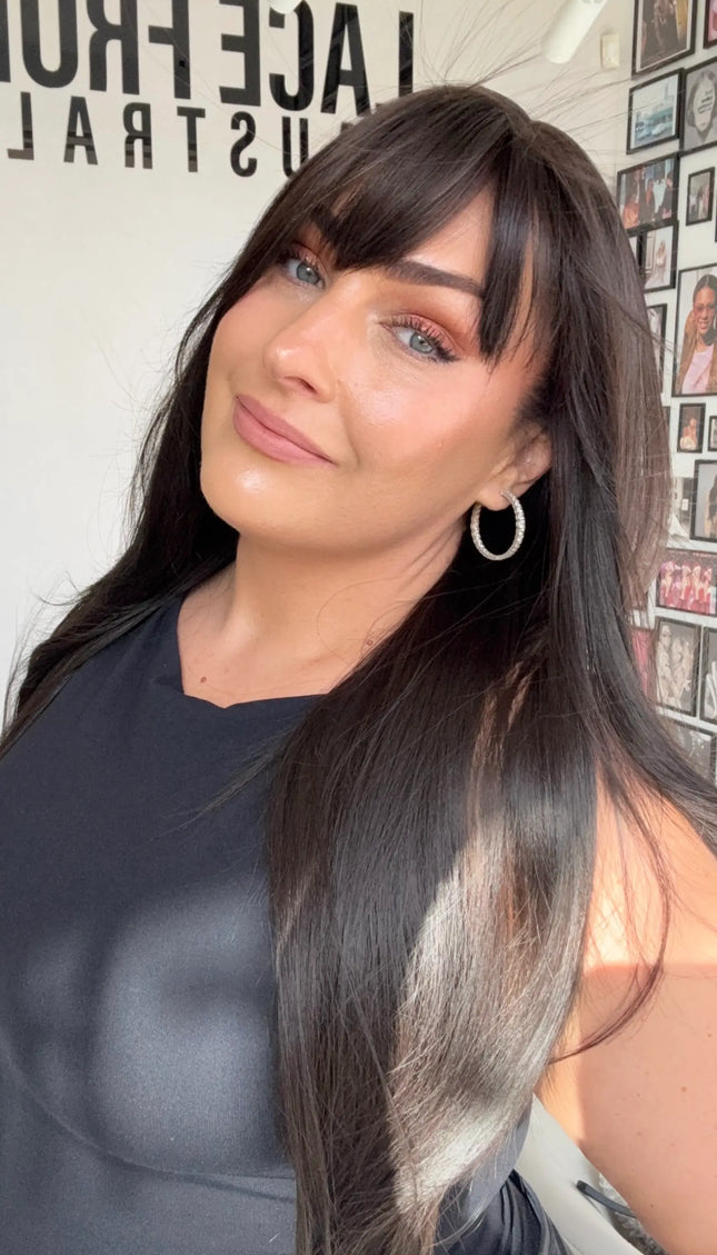 dark brunette hair, long length middle part, fringe topper. synthetic toppers australia.