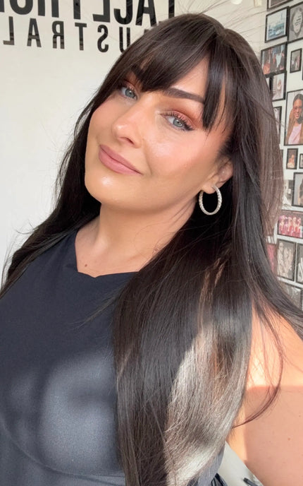dark brunette hair, long length middle part, fringe topper. synthetic toppers australia.