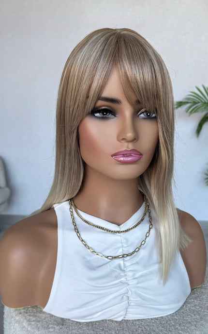blonde fringe topper middle part straight hair gluless topper