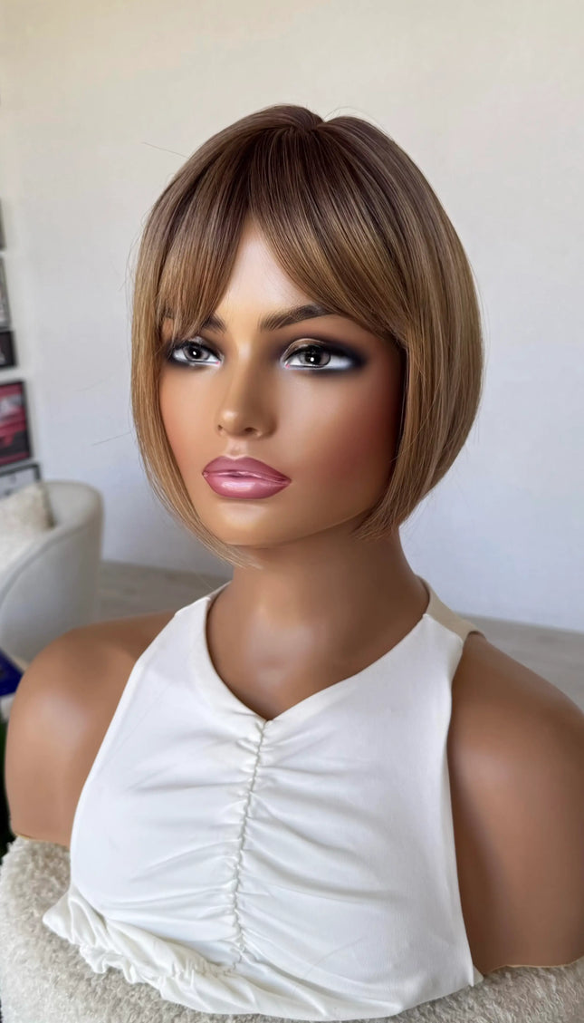 dark root to honey blonde hair, fringe synthetic topper aus.