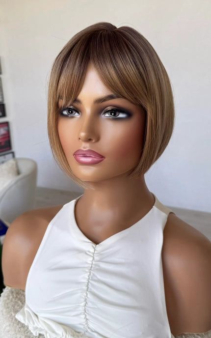 dark root to honey blonde hair, fringe synthetic topper aus.