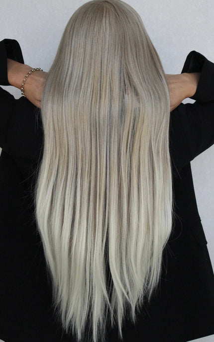 from behind angel synthetic, long length hair, white blonde.