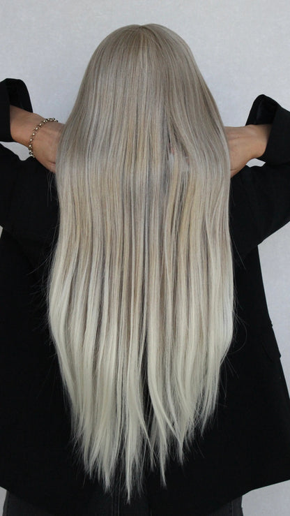 from behind angel synthetic, long length hair, white blonde.