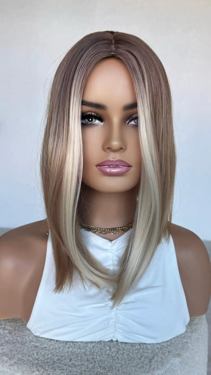 front view, middle part, ombre bob wig, heat safe synthetic.