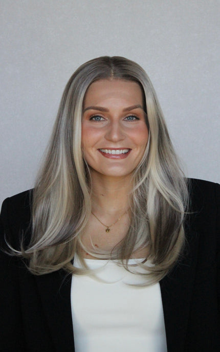 christina synthetic front on view, darker root to lowlighted blonde, layered synthetic hair, wigs australia. 