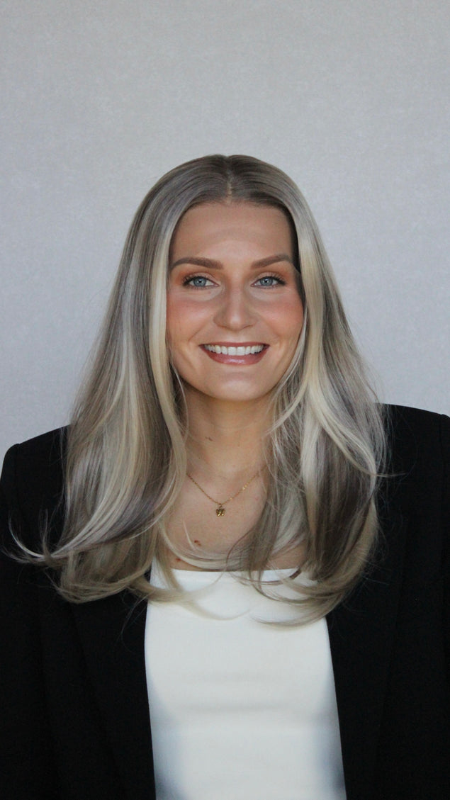 christina synthetic front on view, darker root to lowlighted blonde, layered synthetic hair, wigs australia. 