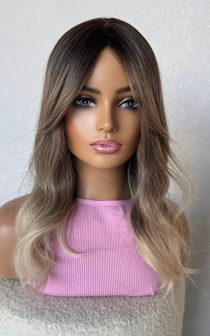 heat safe synthetic wig- ivy- dark root to ash blonde, platinum blonde ends. 