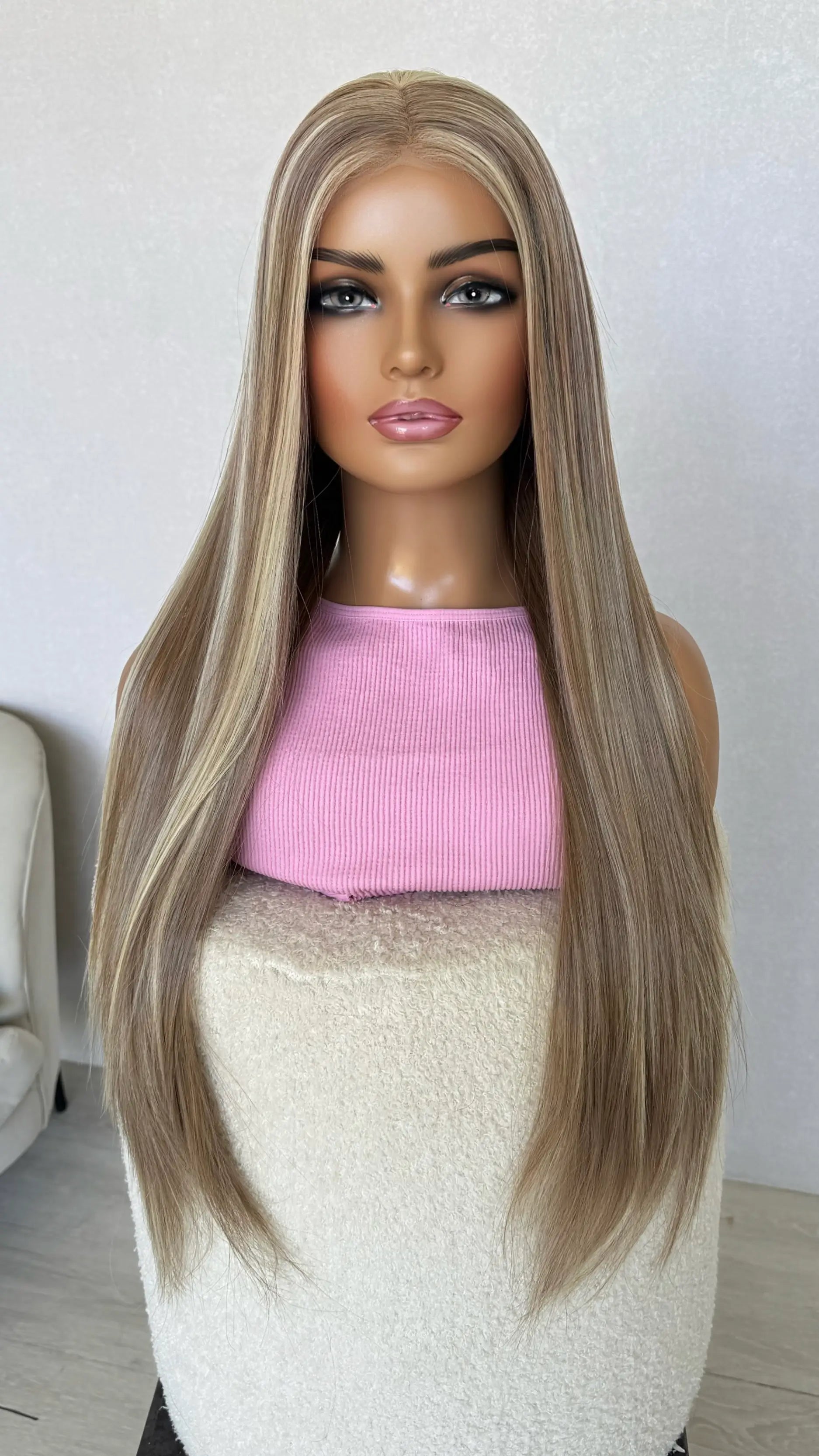 straight long hair, middle part, highlighted blonde synthetic australia.