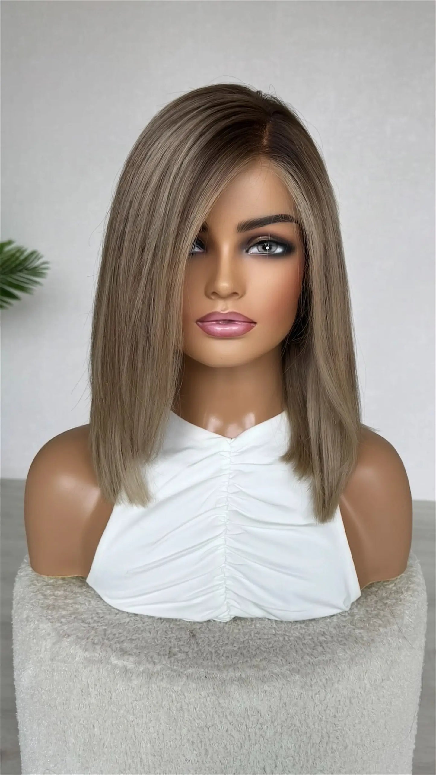 lacefront human hair wig, darker root with lowlights into ash blonde, 14 inch length. brazilian remy hair