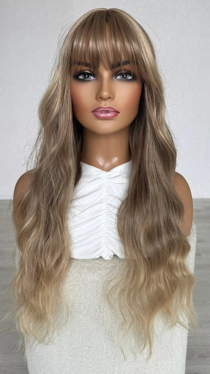 fringe wig middle part, long blonde hair, soft ombre.