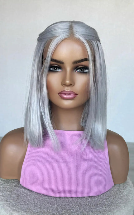silver lacefront bob, synthetic wigs australia, glueless silver grey ash blonde wig
