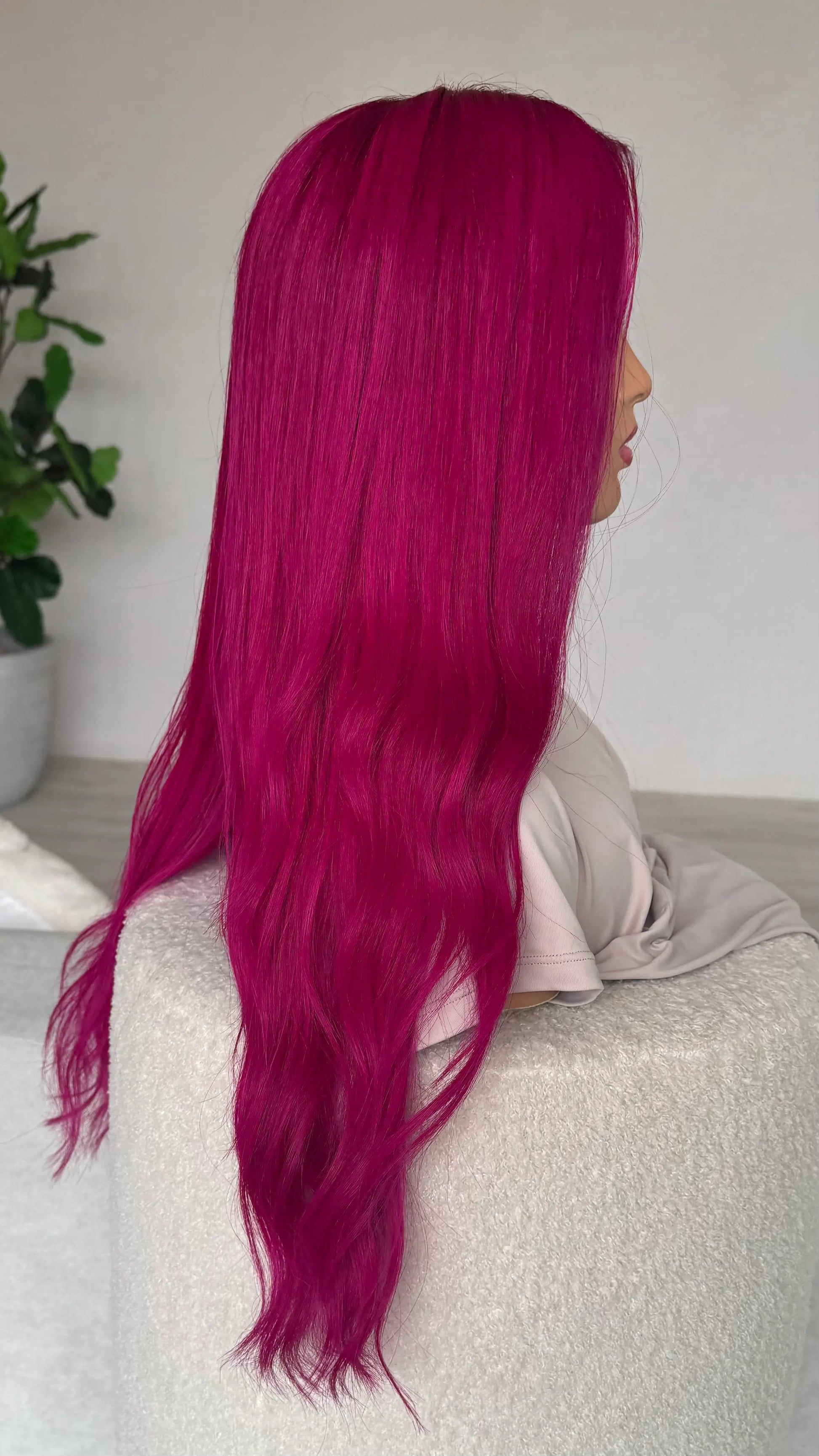 side on view pink hair, long hair wig 24 inches.