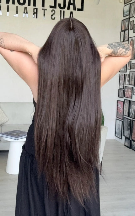 longest dark brown lace front from back view, straight hair heat safe wig.