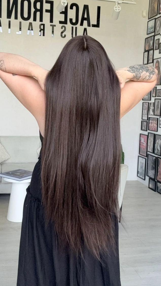 longest dark brown lace front from back view, straight hair heat safe wig.