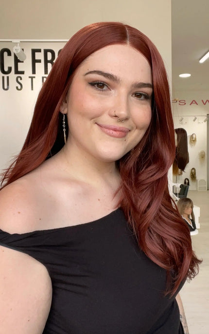 heat safe red synthetic wig with layers and changeable parting. glueless synthetic wig australia.