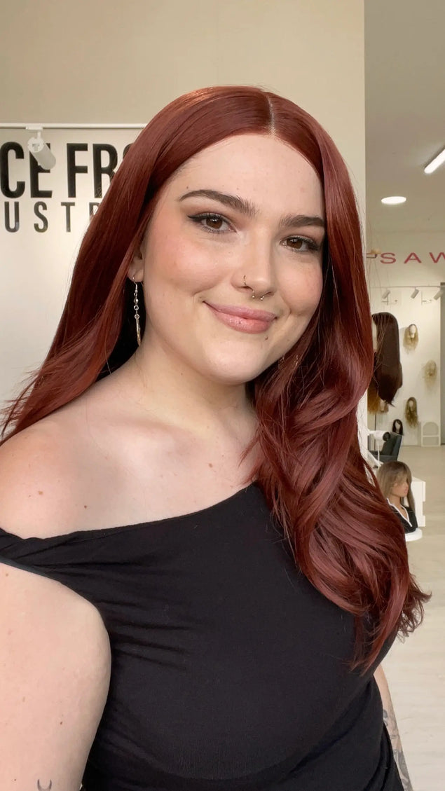 heat safe red synthetic wig with layers and changeable parting. glueless synthetic wig australia.