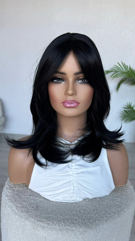 nova- black synthetic wig with layers and curtain bangs. australia wigs.
