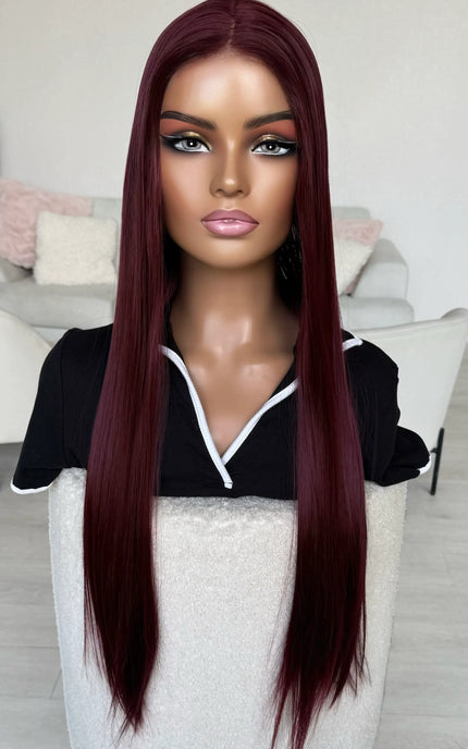 dark red long length straight lace wig for hairloss, alopecia, chemotherapy.