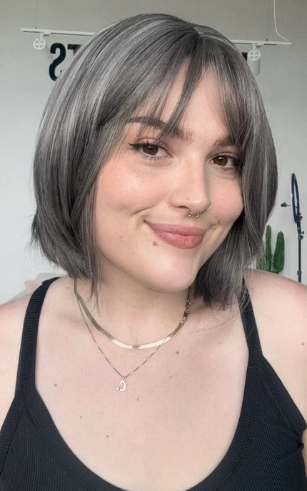 natural looking salt and pepper bob synthetic wig with heat safe hair.