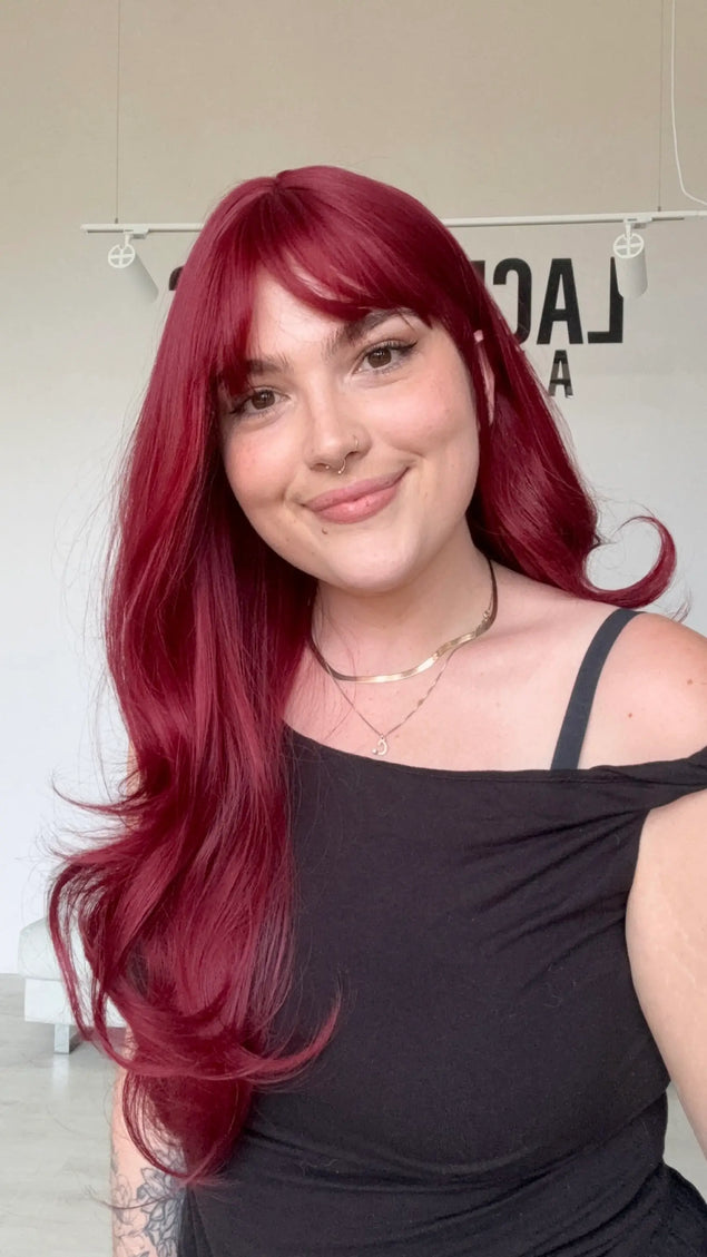 long length red hair wig for hairloss, with middle part and light layers. heat safe hair.