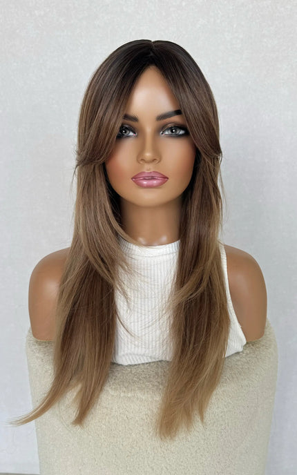 curtain bang synthetic, heat safe and glueless wig.