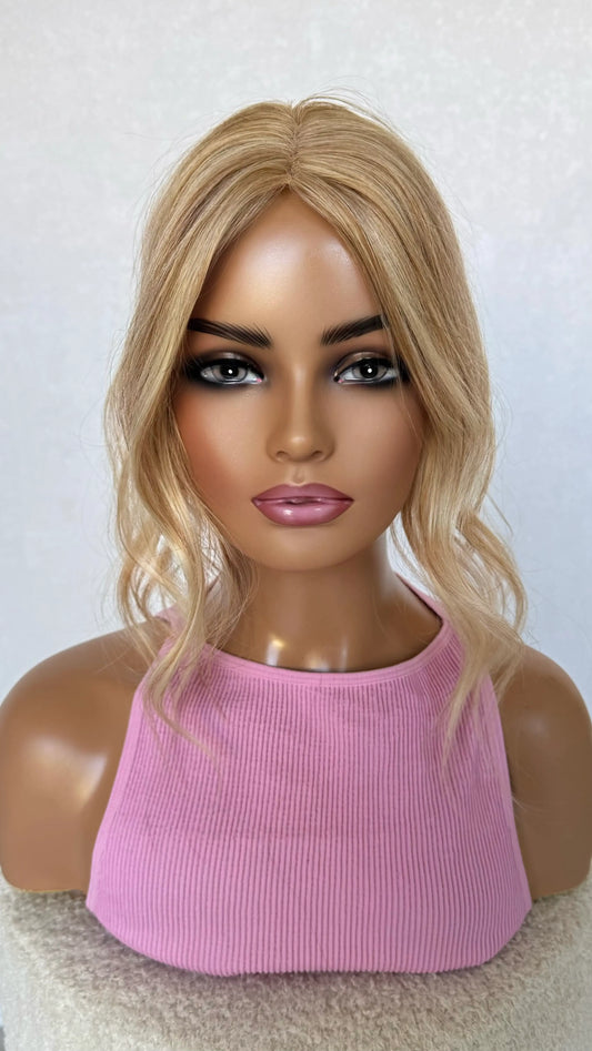 16 inch human hair golden blonde topper mono base