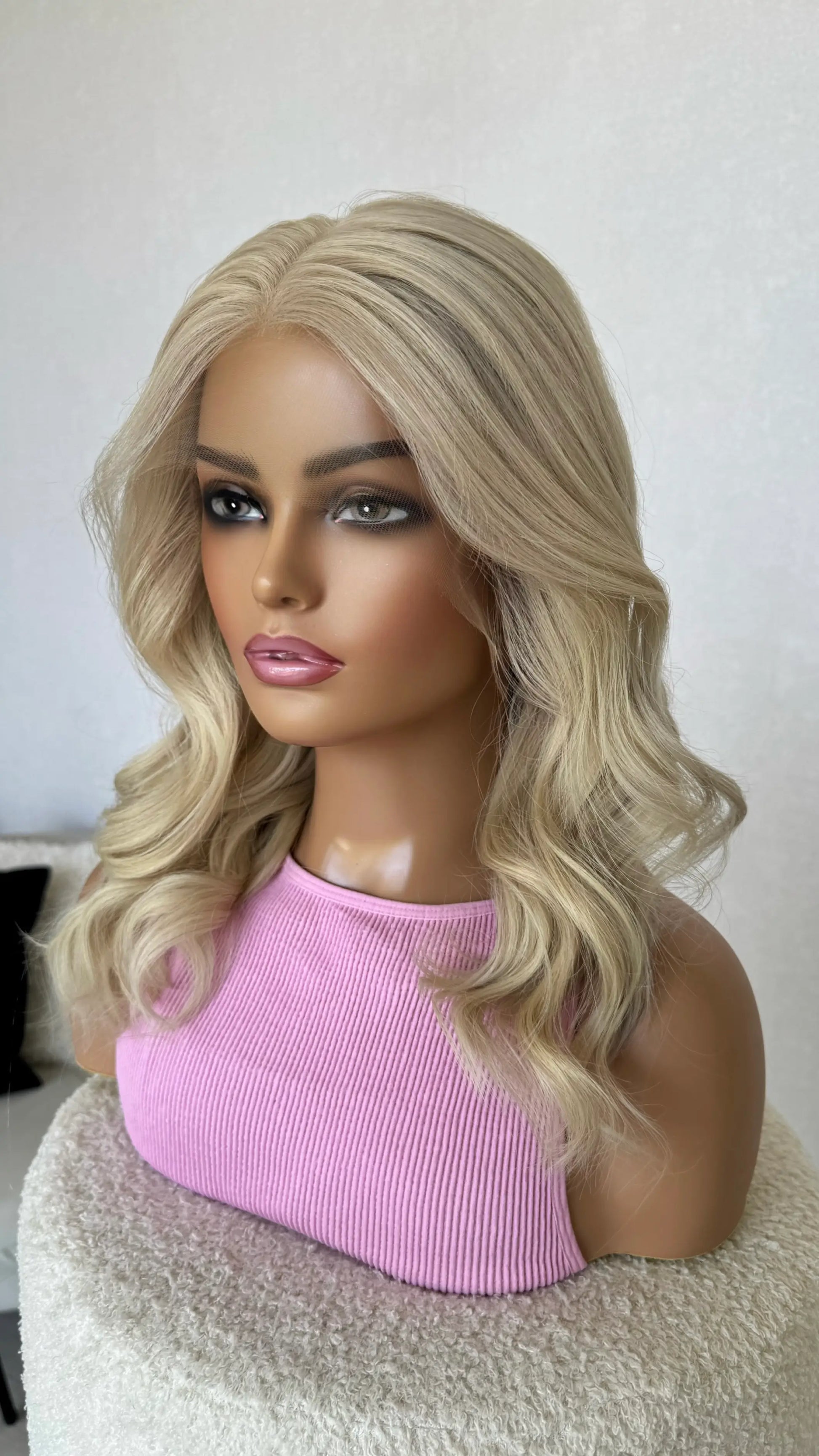 100% Human hair lacefront wig, custom colour, soft platinum golden blonde, 