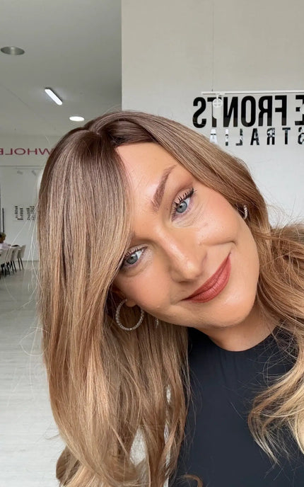 a soft curl, medium length hair with middle to slight side part, long face framing layers, for an everyday classy look.